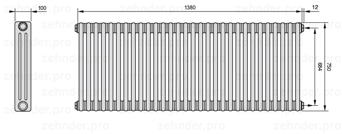Схема (чертеж) Радиатор Zehnder Charleston 3075/30 №7610 Белый глянцевый RAL 9016